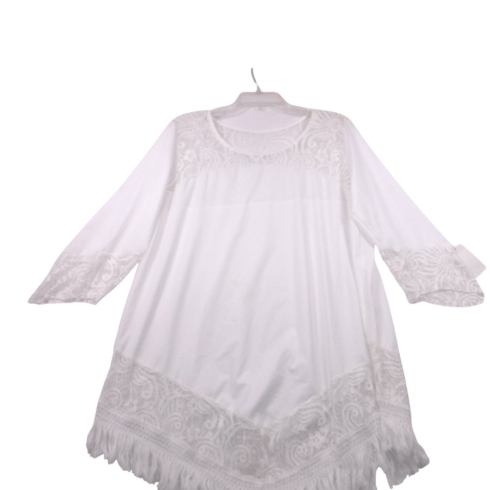 White‎ Crochet Lace Fringe Sharkbite Hem Tunic Top  OS Boho Festival